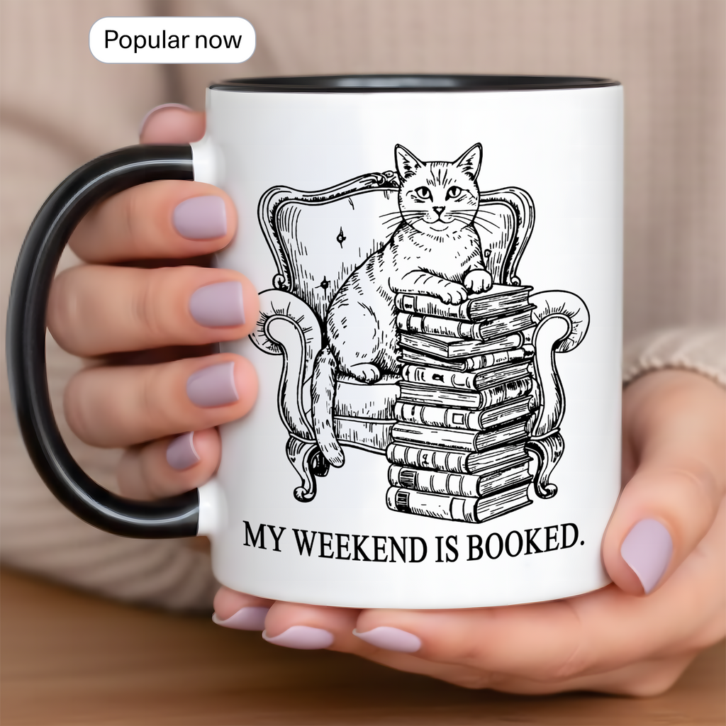 My Weekend Is Booked Mug – Vintage Cat Reading Coffee Cup – Book Lover Gift – Introvert Humor Mug – 11oz 15oz Ringer Mug |Mug  135
